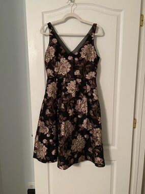 White House Black Market Black Dress with Rose-Gold Floral Jacquard